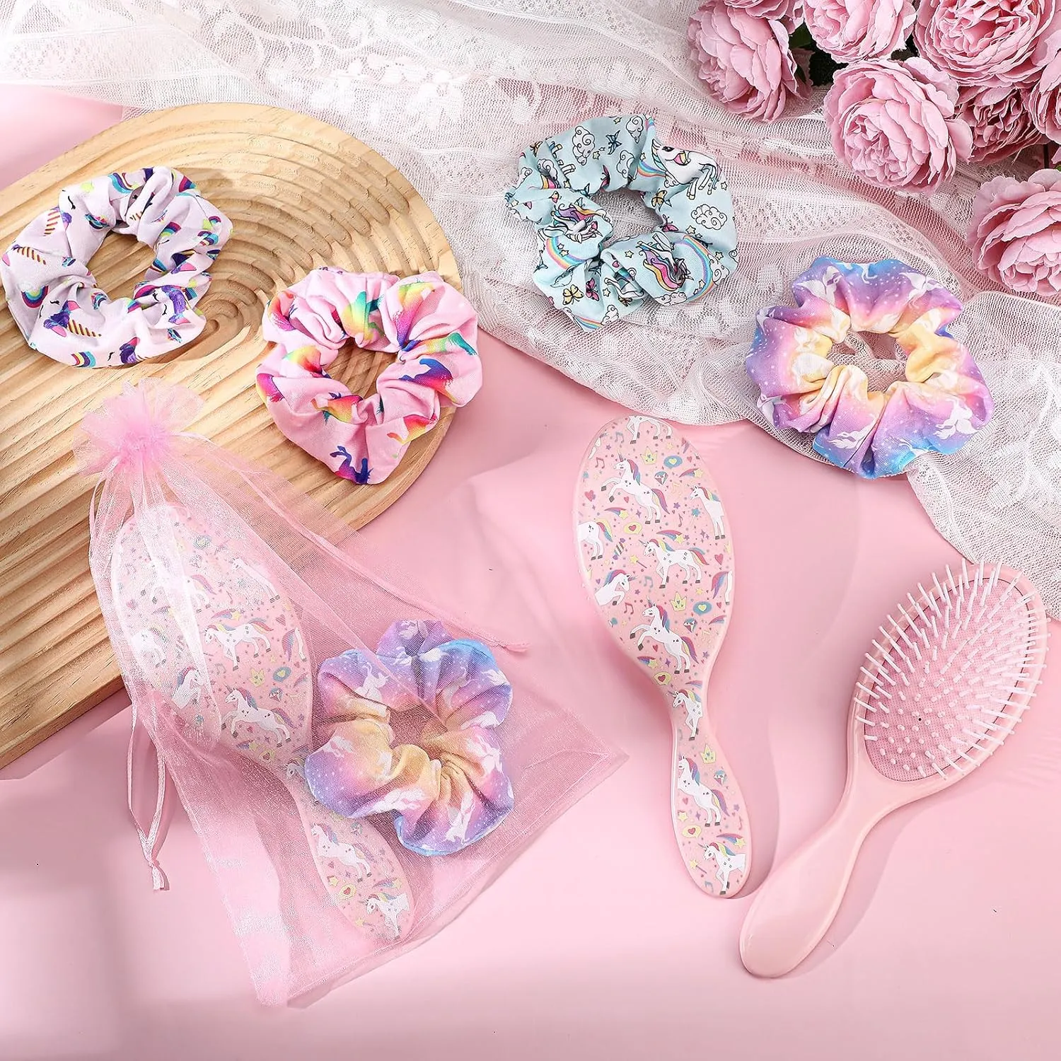 Hotop 24 Pcs Pink Unicorn Party Favors, Girl Party Supplies Include 9 Inch Unicorn Detangling Brush Hair Scrunchies Organza Bag for Girls Makeup Kit Hair Accessories