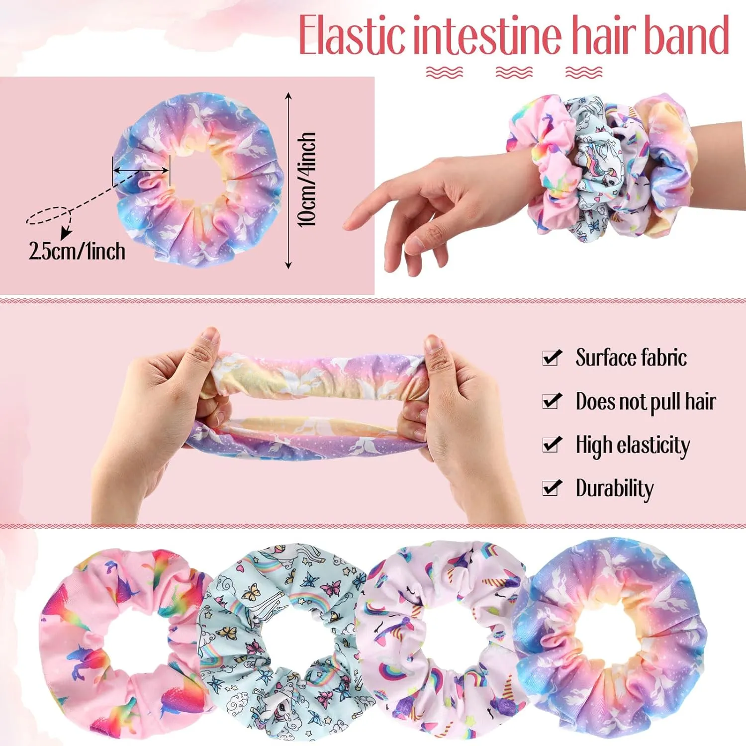 Hotop 24 Pcs Pink Unicorn Party Favors, Girl Party Supplies Include 9 Inch Unicorn Detangling Brush Hair Scrunchies Organza Bag for Girls Makeup Kit Hair Accessories