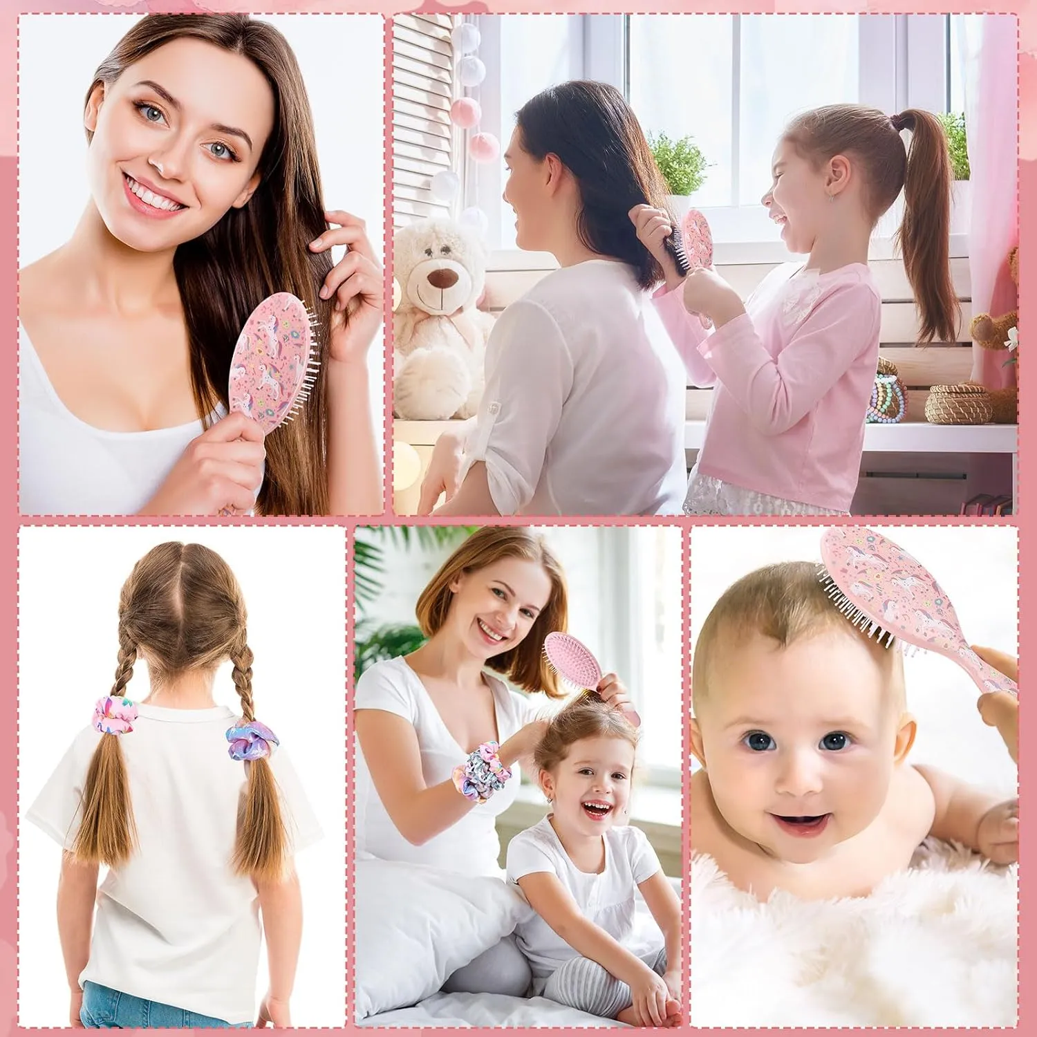 Hotop 24 Pcs Pink Unicorn Party Favors, Girl Party Supplies Include 9 Inch Unicorn Detangling Brush Hair Scrunchies Organza Bag for Girls Makeup Kit Hair Accessories