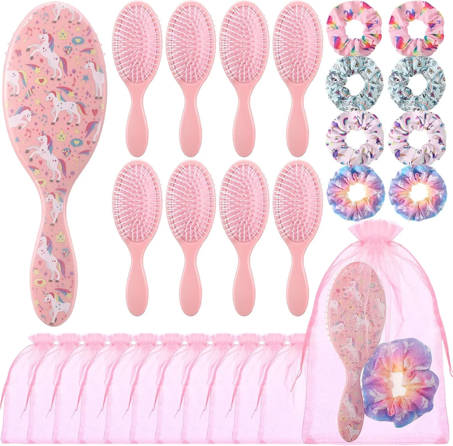 Hotop 24 Pcs Pink Unicorn Party Favors, Girl Party Supplies Include 9 Inch Unicorn Detangling Brush Hair Scrunchies Organza Bag for Girls Makeup Kit Hair Accessories
