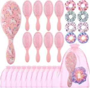 Hotop 24 Pcs Pink Unicorn Party Favors, Girl Party Supplies Include 9 Inch Unicorn Detangling Brush Hair Scrunchies Organza Bag for Girls Makeup Kit Hair Accessories