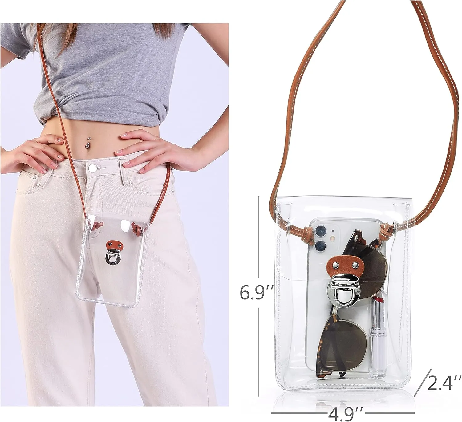 HOXIS Clear PVC Small Crossbody Bag for Stadium Approved Womens Purse Transparent Shoulder Bag Cell Phone Pouch (Brown)