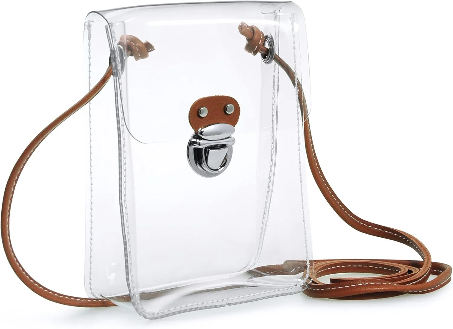 HOXIS Clear PVC Small Crossbody Bag for Stadium Approved Womens Purse Transparent Shoulder Bag Cell Phone Pouch (Brown)