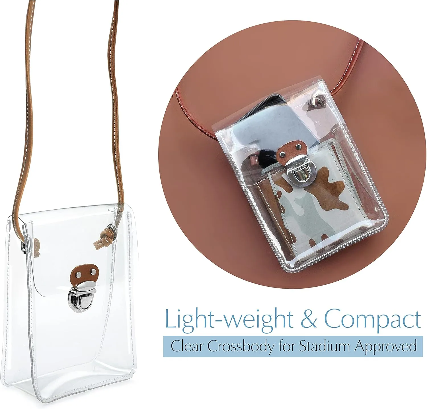 HOXIS Clear PVC Small Crossbody Bag for Stadium Approved Womens Purse Transparent Shoulder Bag Cell Phone Pouch (Brown)