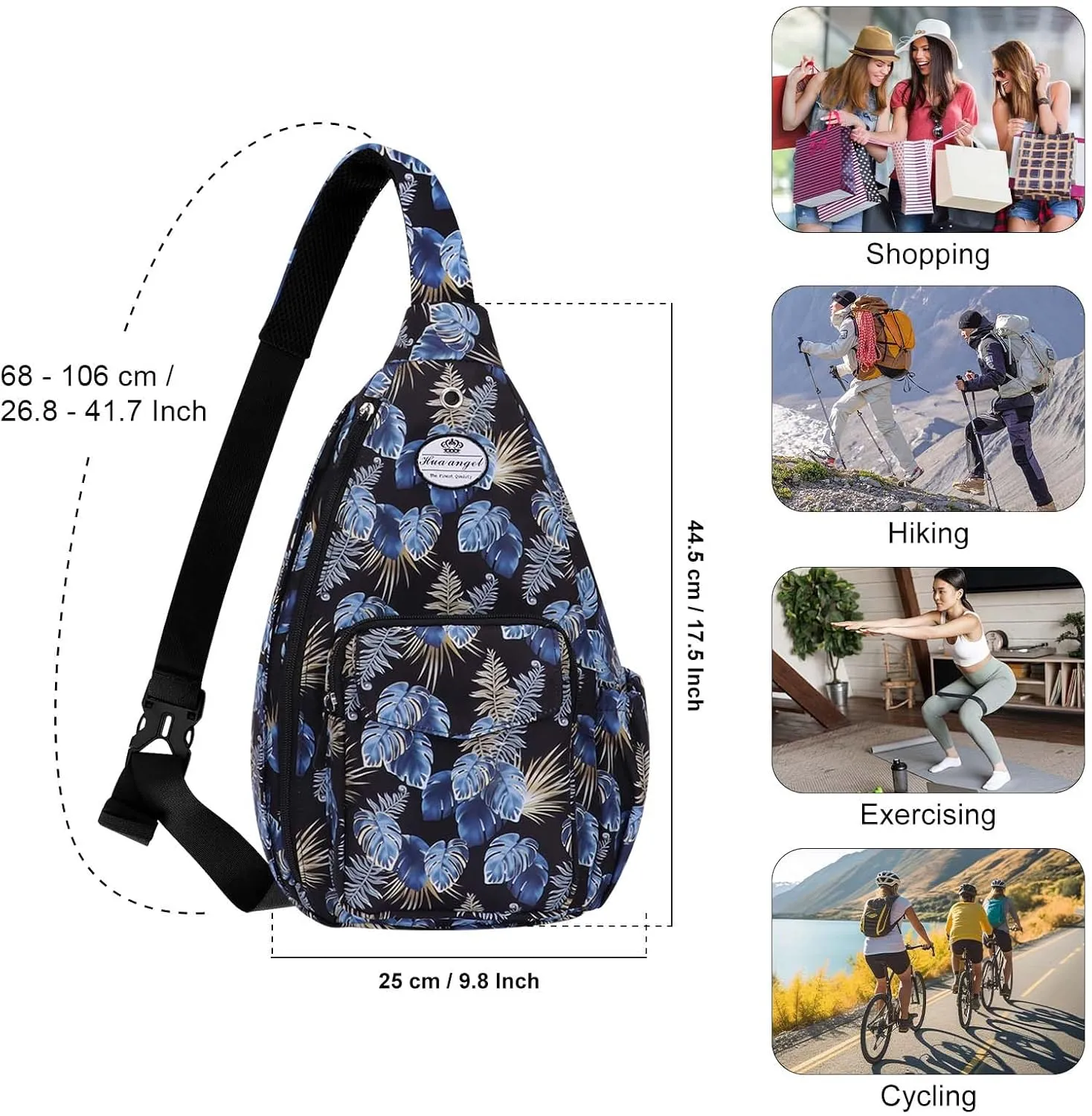 HUA ANGEL Crossbody Sling Bag for Men Women Lightweight Over the Shoulder Purse Day Bag Multipockets for Travel, Hiking, Gym