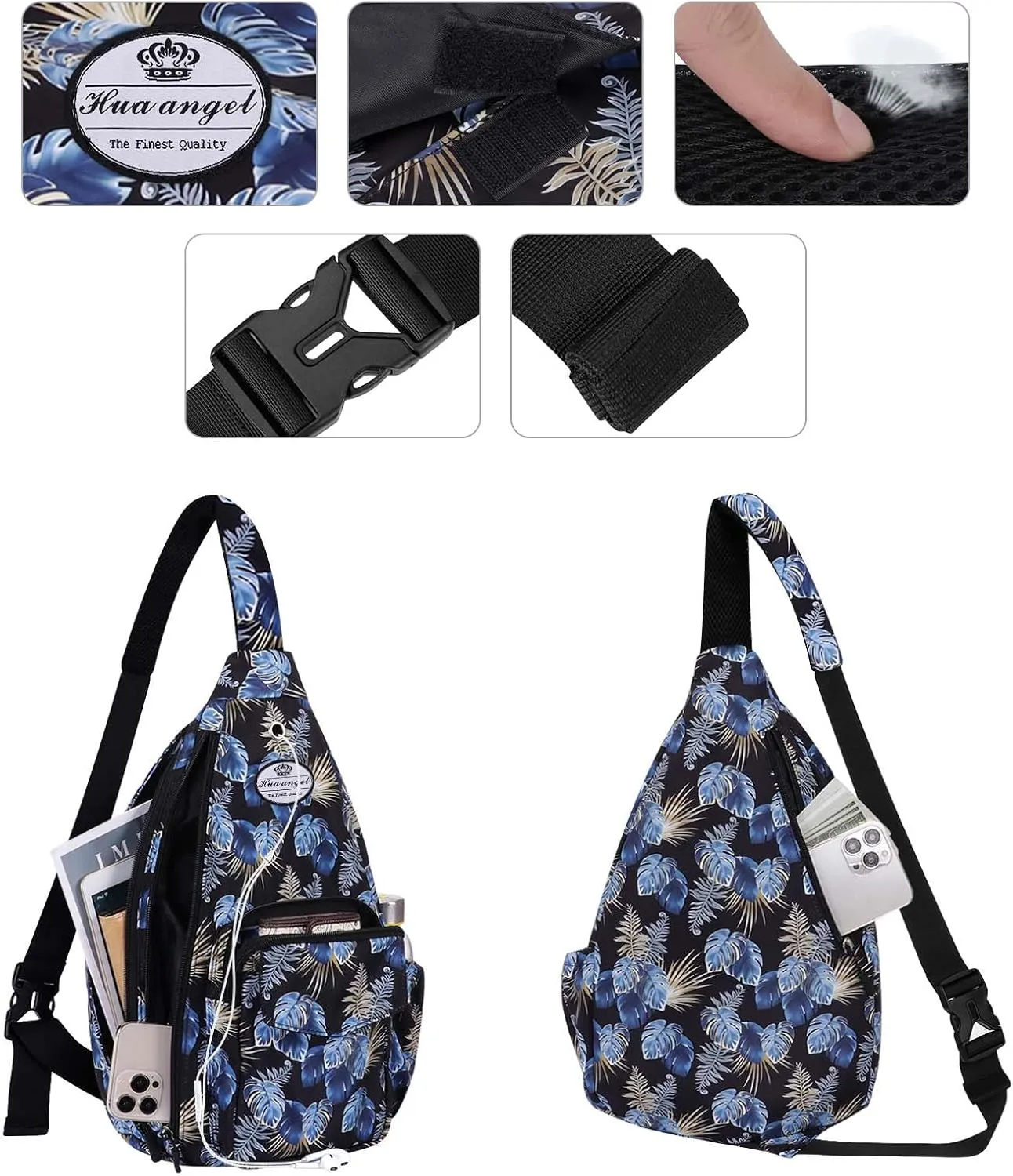 HUA ANGEL Crossbody Sling Bag for Men Women Lightweight Over the Shoulder Purse Day Bag Multipockets for Travel, Hiking, Gym