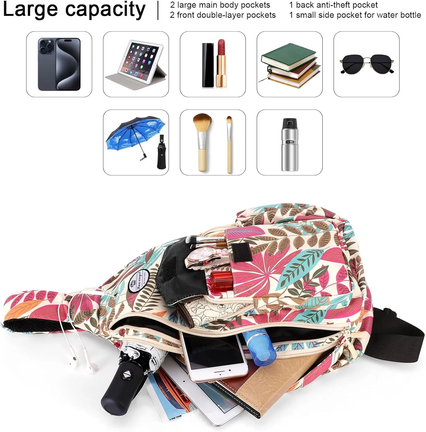HUA ANGEL Crossbody Sling Bag for Men Women Lightweight Over the Shoulder Purse Day Bag Multipockets for Travel, Hiking, Gym
