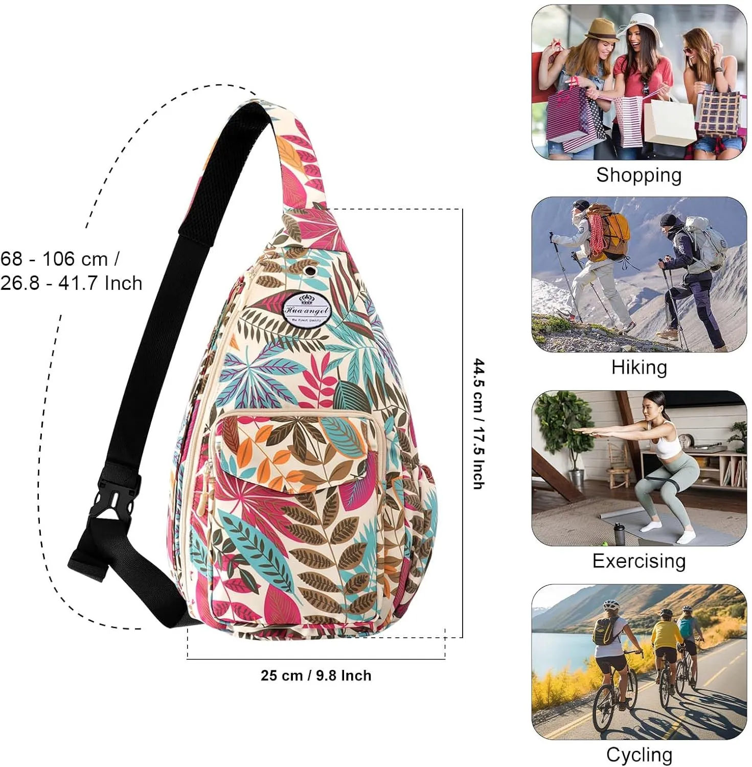 HUA ANGEL Crossbody Sling Bag for Men Women Lightweight Over the Shoulder Purse Day Bag Multipockets for Travel, Hiking, Gym