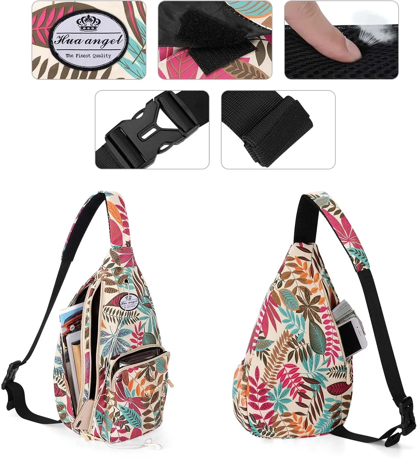 HUA ANGEL Crossbody Sling Bag for Men Women Lightweight Over the Shoulder Purse Day Bag Multipockets for Travel, Hiking, Gym