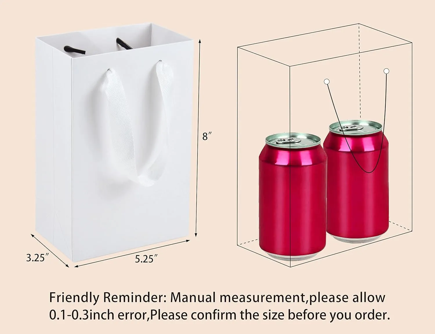 HUAPRINT White Paper Bags - 20 Pack, 5.25x3.25x8inch, Craft Paper Gift Bags for Clothes, Retail, Party Favors, Wedding