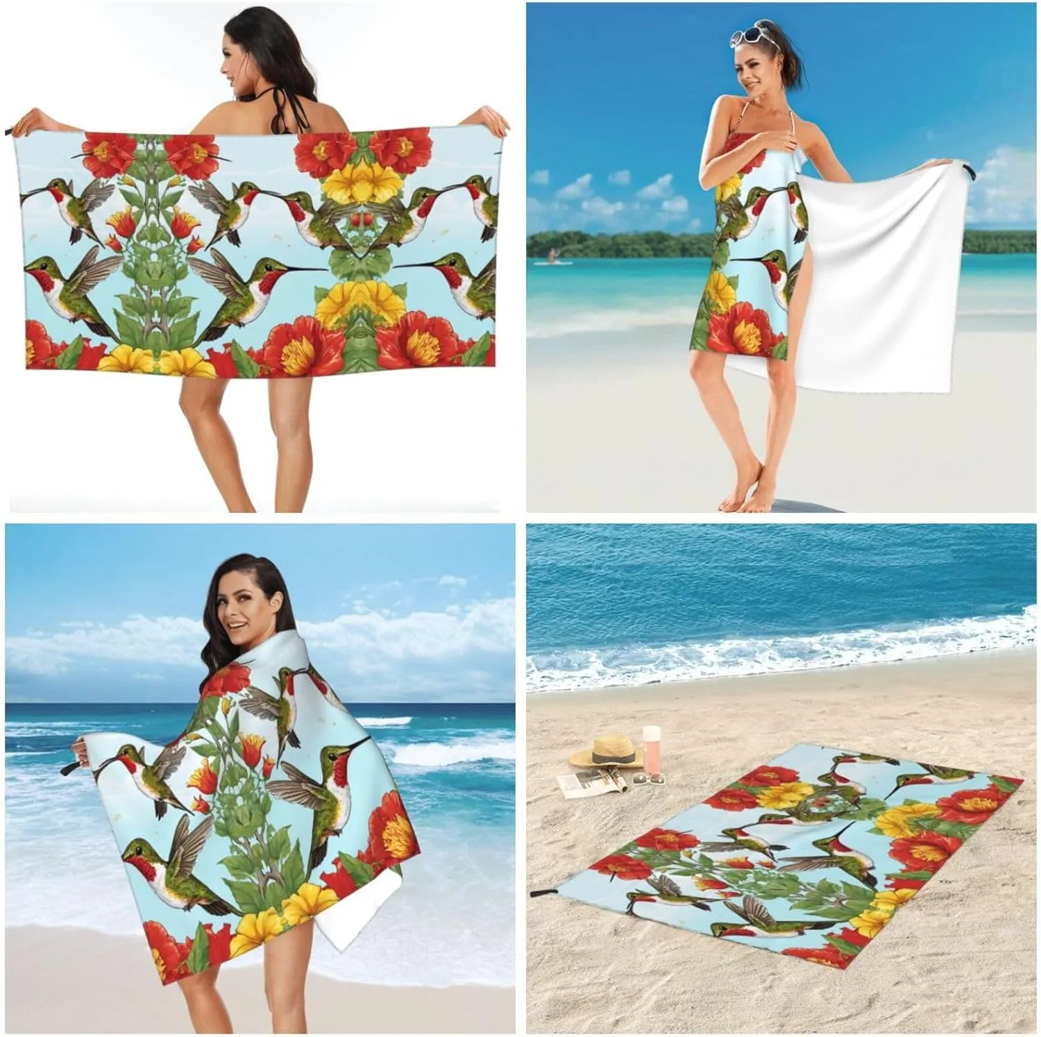 Hummingbirds Red Flower Hibiscus Premium Compact Microfiber Travel Towel-Featherlight & Quick Dry,Sand-Resistant Beach Towel for Swimming,Camping,Vacation Essentials with Carry Pouch