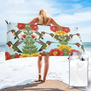 Hummingbirds Red Flower Hibiscus Premium Compact Microfiber Travel Towel-Featherlight & Quick Dry,Sand-Resistant Beach Towel for Swimming,Camping,Vacation Essentials with Carry Pouch