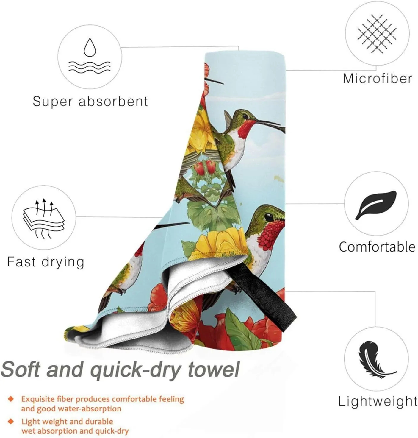 Hummingbirds Red Flower Hibiscus Premium Compact Microfiber Travel Towel-Featherlight & Quick Dry,Sand-Resistant Beach Towel for Swimming,Camping,Vacation Essentials with Carry Pouch