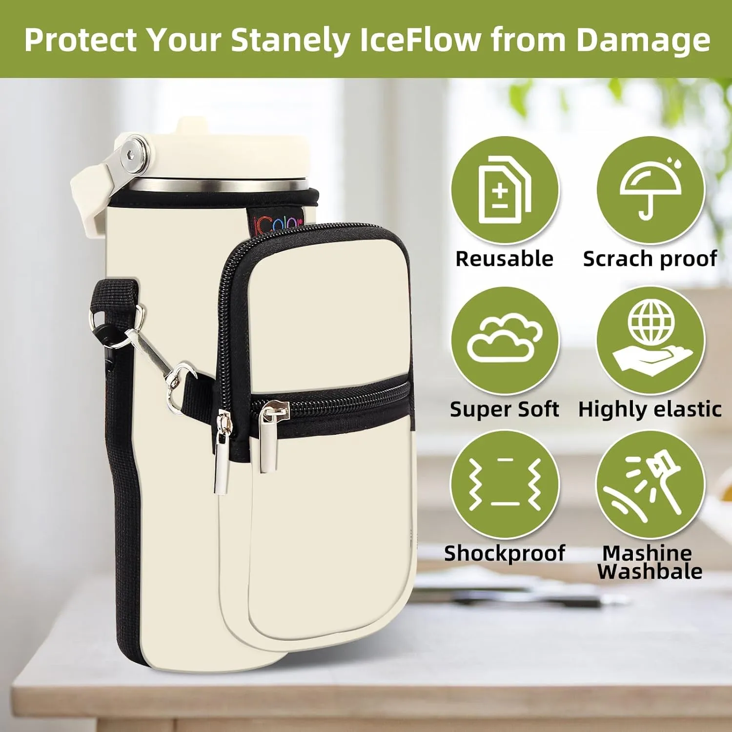 icolor Water Bottle Carrier Bag for Stanley IceFlow Flip Straw Tumbler 20/30oz Stanley IceFlow Mug Carrying Holder Neoprene Sleeve Stanley Cup Accessories Pouch Crossbody Sling for Travel Fitness