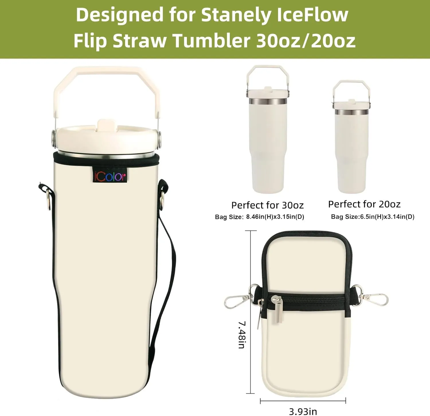 icolor Water Bottle Carrier Bag for Stanley IceFlow Flip Straw Tumbler 20/30oz Stanley IceFlow Mug Carrying Holder Neoprene Sleeve Stanley Cup Accessories Pouch Crossbody Sling for Travel Fitness