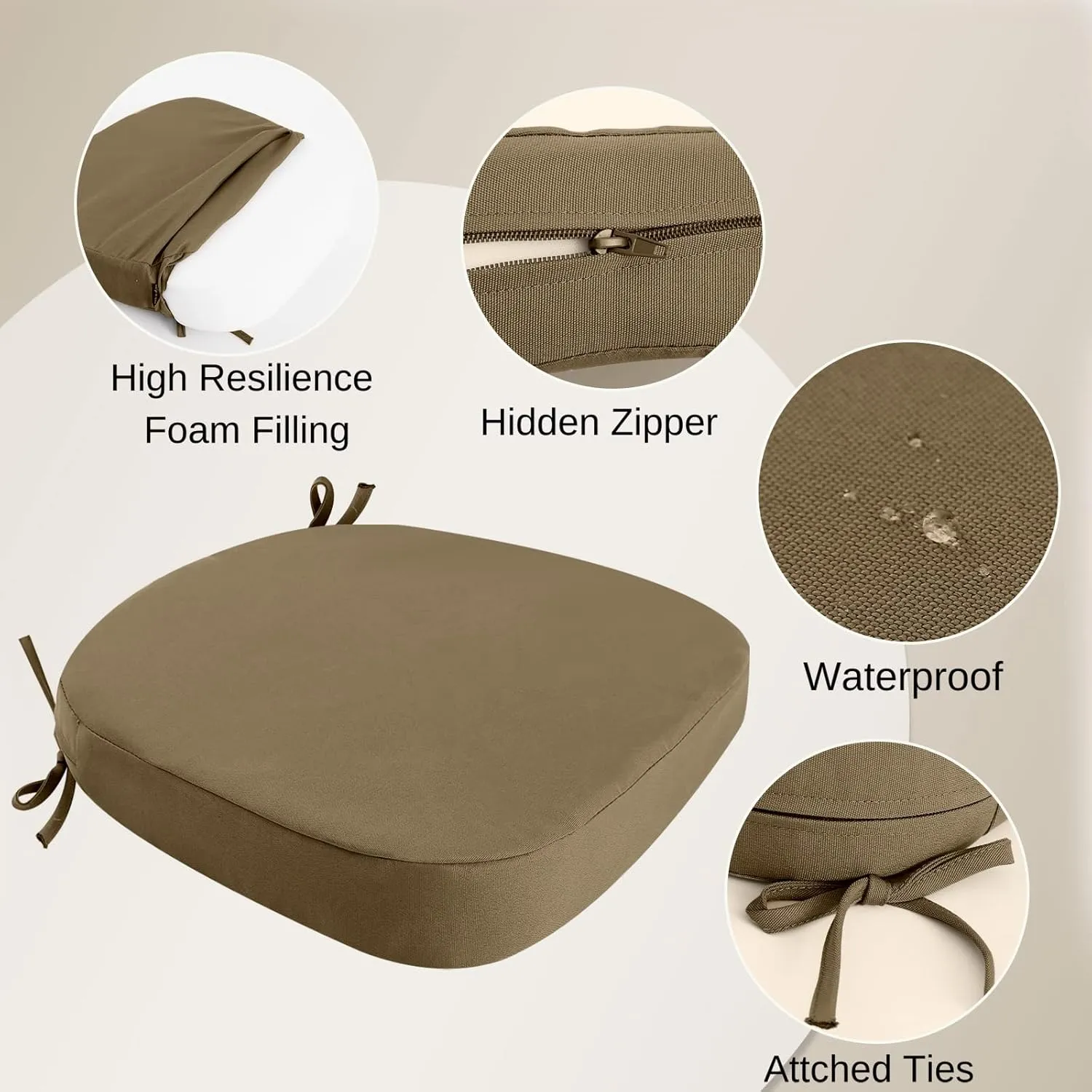 idee-home Outdoor Chair Cushions Set of 2, 17" x 17" x 3" Thick Patio Furniture Outdoor Seat Cushions Waterproof with Ties, Dining Pads
