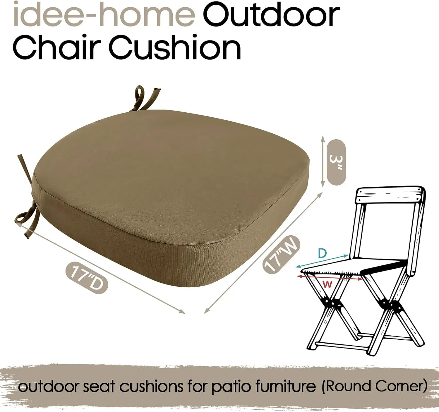 idee-home Outdoor Chair Cushions Set of 2, 17" x 17" x 3" Thick Patio Furniture Outdoor Seat Cushions Waterproof with Ties, Dining Pads