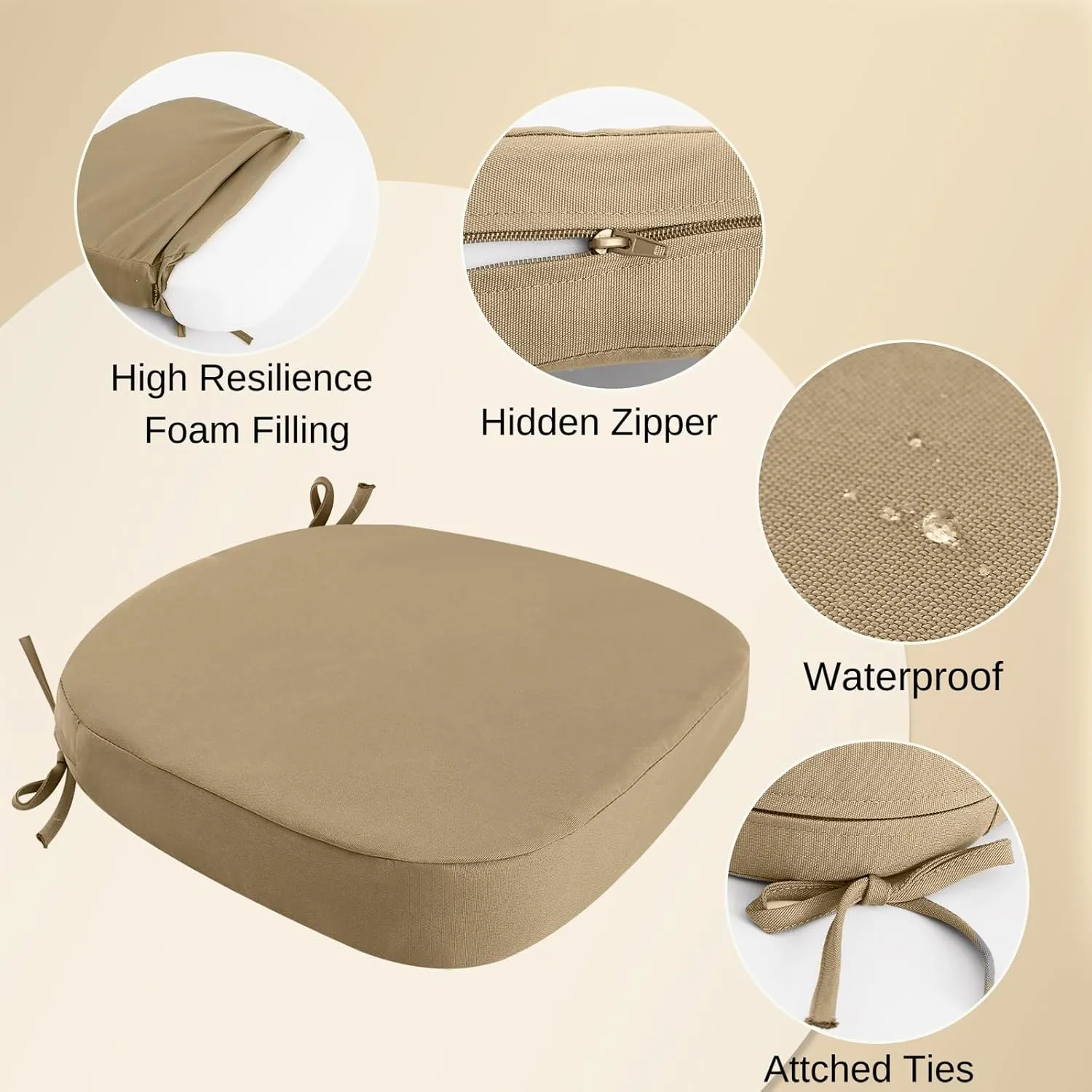 idee-home Outdoor Chair Cushions Set of 4, 19" x 19" x 3" Thick Patio Furniture Outdoor Seat Cushions Waterproof with Ties, Dining Pads