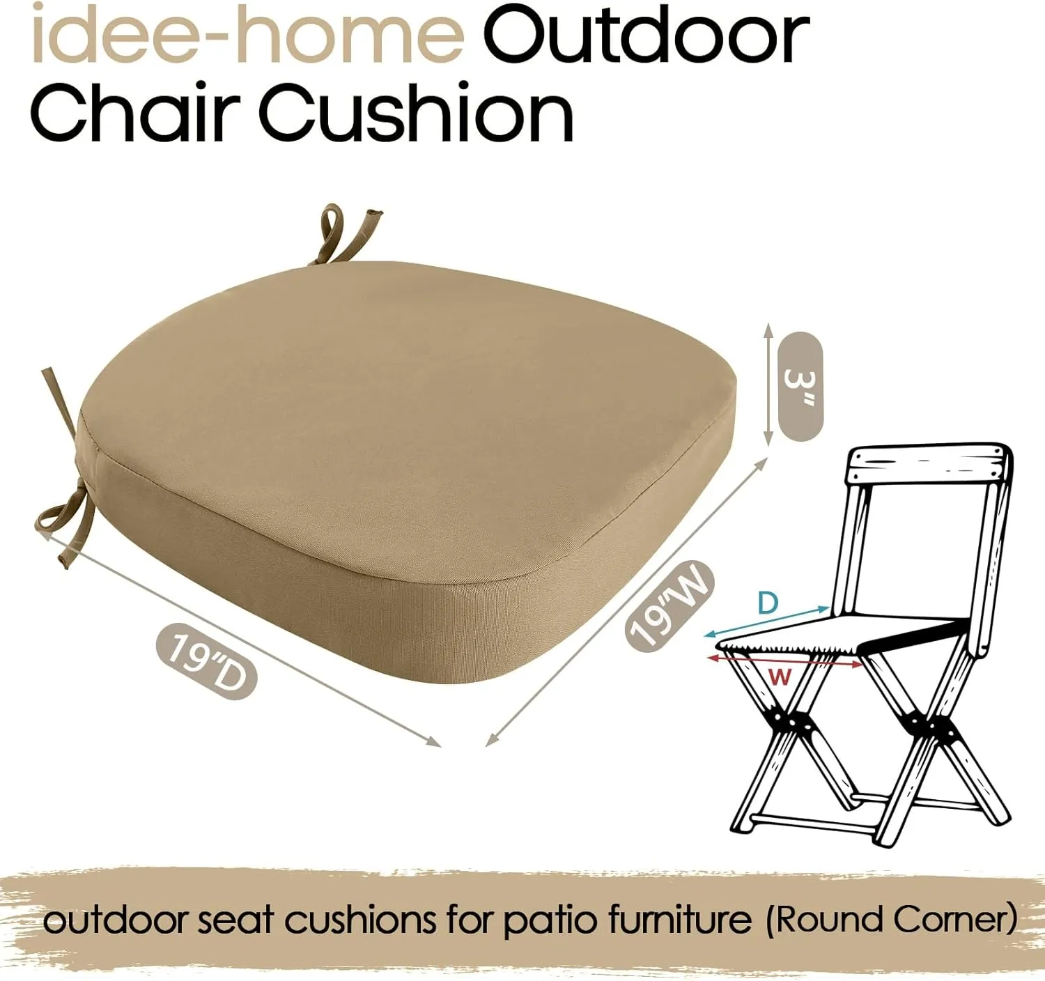 idee-home Outdoor Chair Cushions Set of 4, 19" x 19" x 3" Thick Patio Furniture Outdoor Seat Cushions Waterproof with Ties, Dining Pads