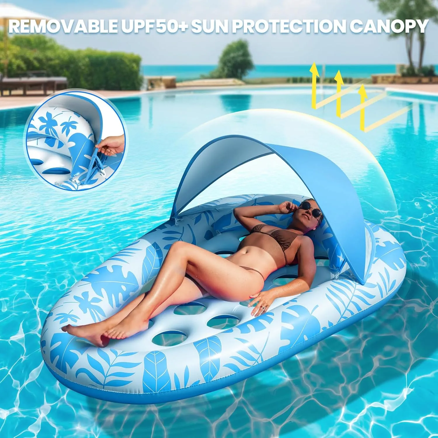 Inflatable Pool Floats Adult, 3-in-1 Tanning Pool Floaties Lounger with Canopy and Cup Holder, XL Pool Raft Floating Recliner Chairs for Swimming Pool Lake Beach, Pool Toys for Adults