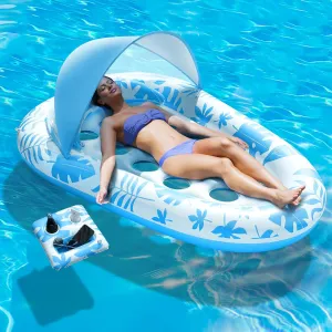 Inflatable Pool Floats Adult, 3-in-1 Tanning Pool Floaties Lounger with Canopy and Cup Holder, XL Pool Raft Floating Recliner Chairs for Swimming Pool Lake Beach, Pool Toys for Adults