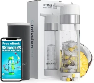 Infusion Pro Fruit Infuser Water Bottle with Straw Lid 24 oz : Flip-Up Straw : Insulated Sleeve & Fruit Infusion Water eBook : Bottom Loading Infuser for More Flavor - Cloud