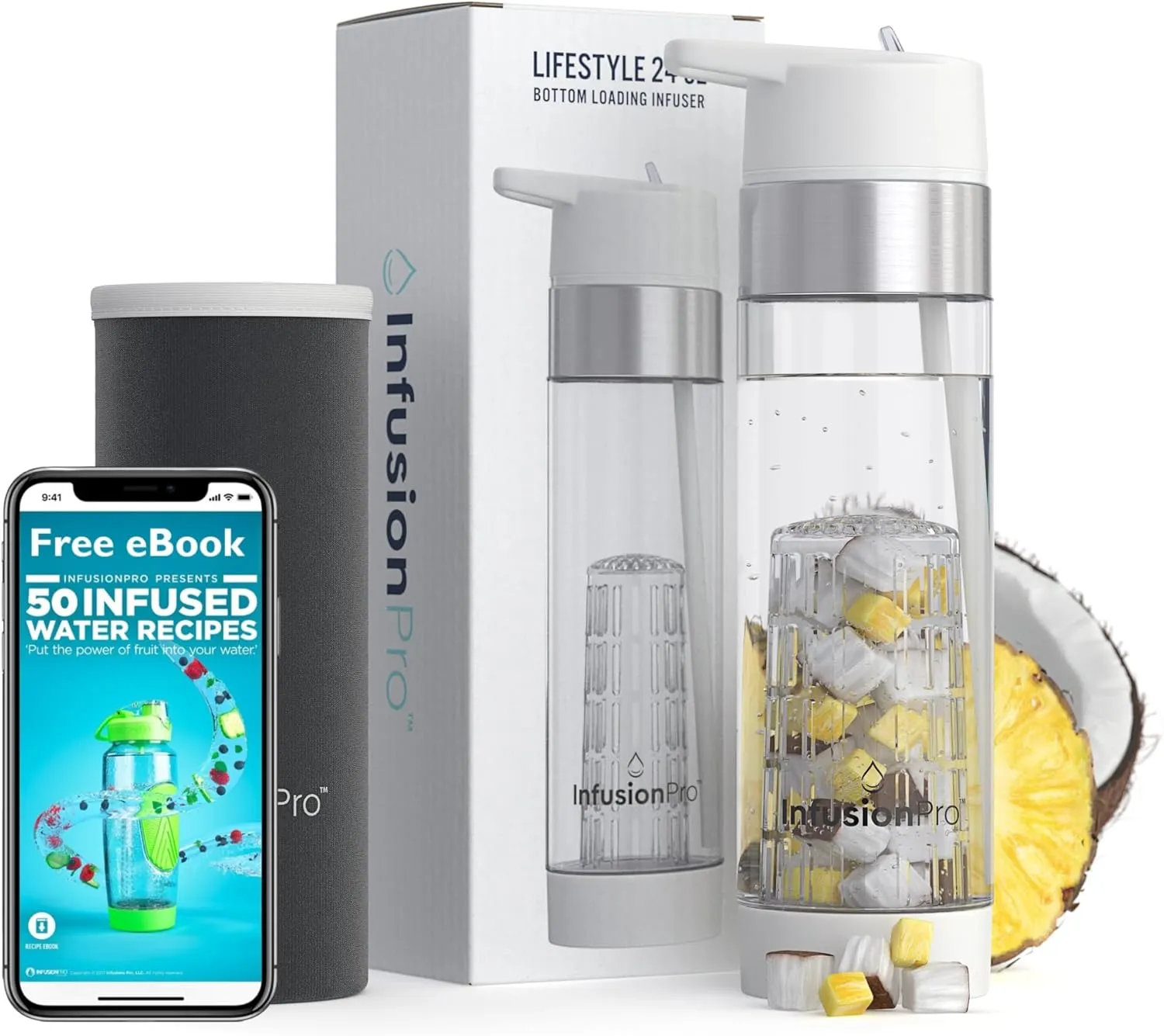 Infusion Pro Fruit Infuser Water Bottle with Straw Lid 24 oz : Flip-Up Straw : Insulated Sleeve & Fruit Infusion Water eBook : Bottom Loading Infuser for More Flavor - Cloud