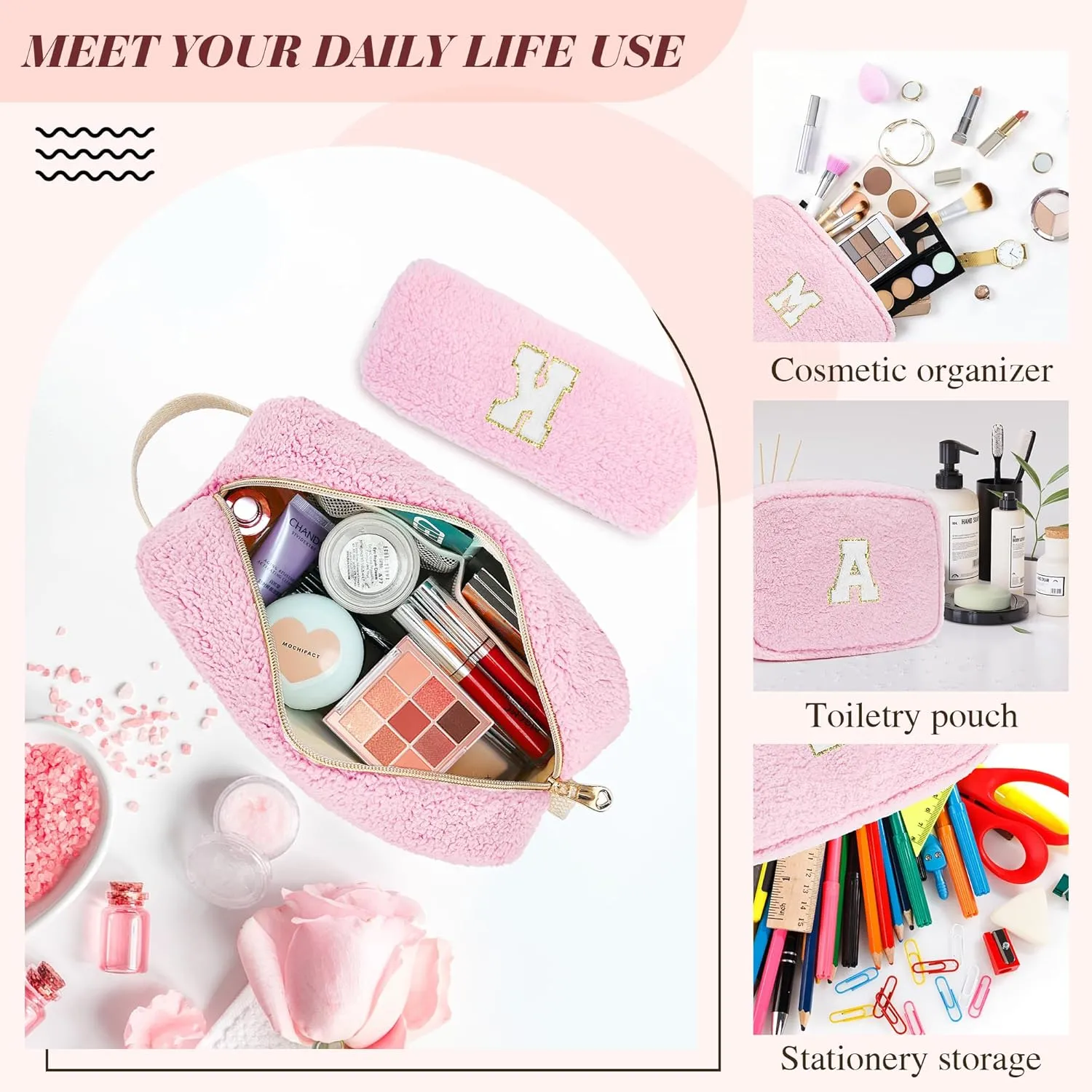 Initial Makeup Bag for Teen Girl Gifts Trendy Stuff, Pink Cosmetic Travel Bag Pouch for Women Friends Daughter Sister Wife Her, Cute Plush Make up Bags for Birthday, Graduation, Wedding Gifts A