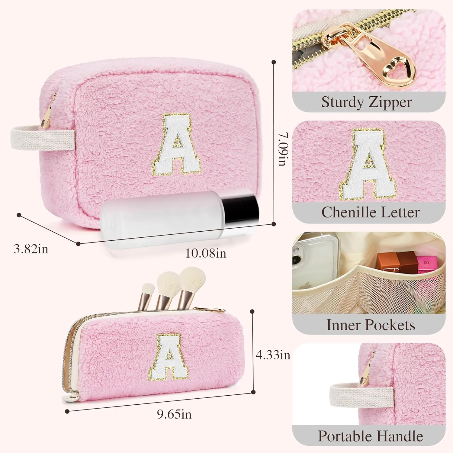 Initial Makeup Bag for Teen Girl Gifts Trendy Stuff, Pink Cosmetic Travel Bag Pouch for Women Friends Daughter Sister Wife Her, Cute Plush Make up Bags for Birthday, Graduation, Wedding Gifts A