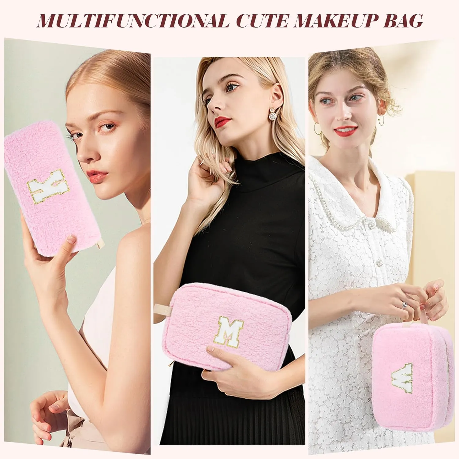 Initial Makeup Bag for Teen Girl Gifts Trendy Stuff, Pink Cosmetic Travel Bag Pouch for Women Friends Daughter Sister Wife Her, Cute Plush Make up Bags for Birthday, Graduation, Wedding Gifts A