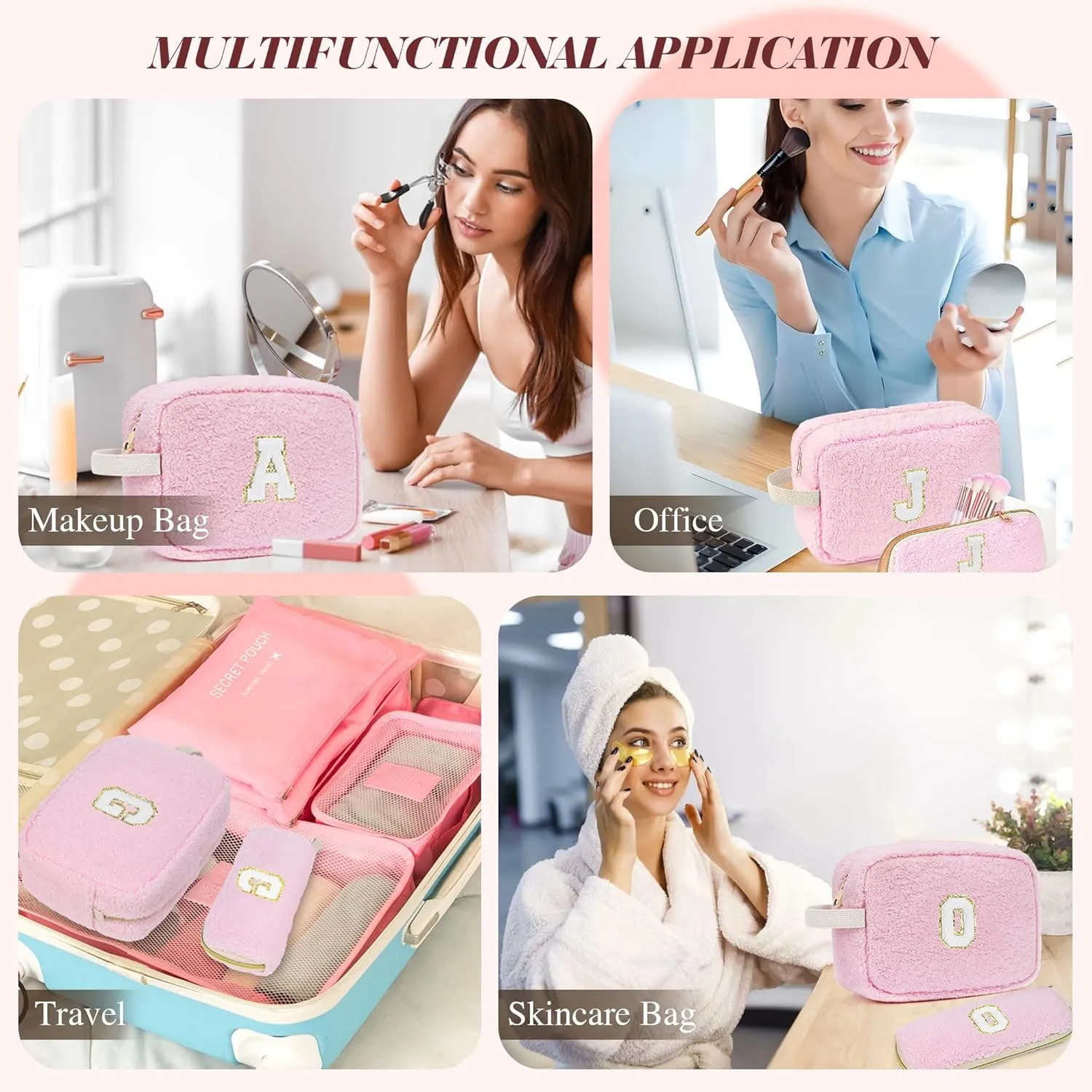 Initial Makeup Bag for Teen Girl Gifts Trendy Stuff, Pink Cosmetic Travel Bag Pouch for Women Friends Daughter Sister Wife Her, Cute Plush Make up Bags for Birthday, Graduation, Wedding Gifts A