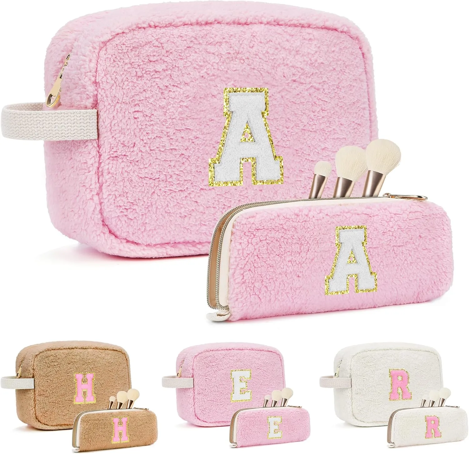 Initial Makeup Bag for Teen Girl Gifts Trendy Stuff, Pink Cosmetic Travel Bag Pouch for Women Friends Daughter Sister Wife Her, Cute Plush Make up Bags for Birthday, Graduation, Wedding Gifts A