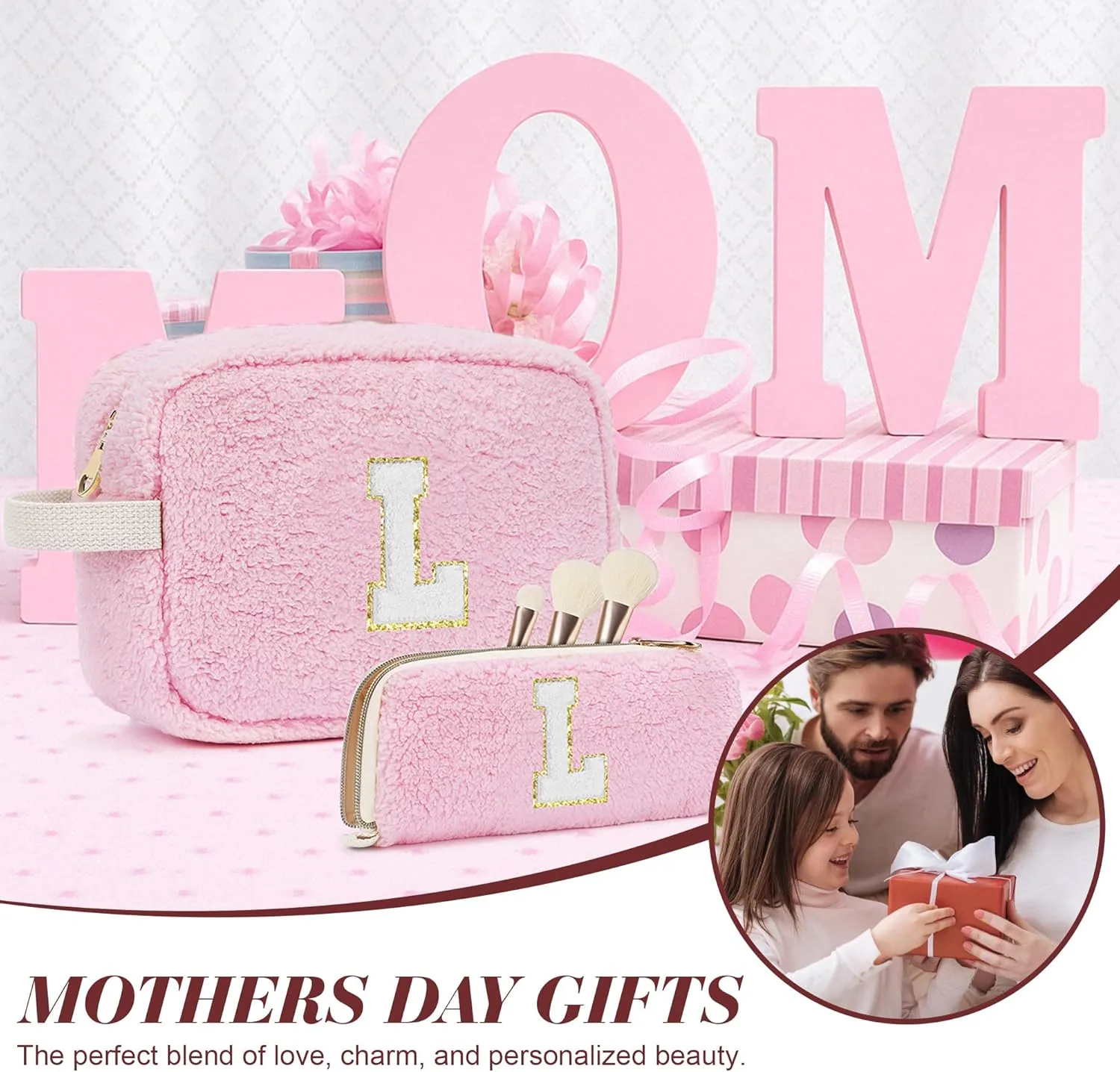 Initial Makeup Bag for Teen Girl Gifts Trendy Stuff, Pink Cosmetic Travel Bag Pouch for Women Friends Daughter Sister Wife Her, Cute Plush Make up Bags for Birthday, Graduation, Wedding Gifts A