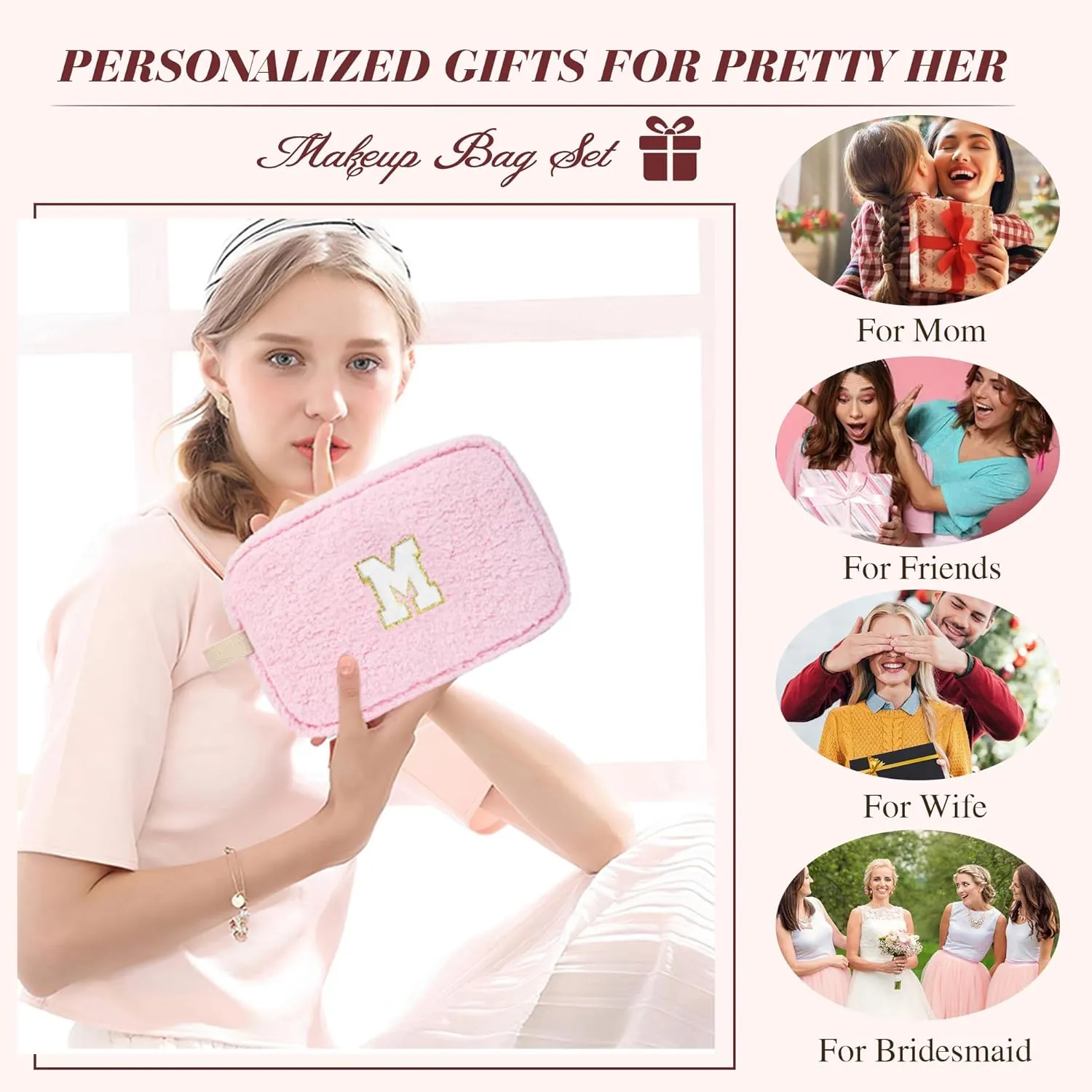 Initial Makeup Bag for Teen Girl Gifts Trendy Stuff, Pink Cosmetic Travel Bag Pouch for Women Friends Daughter Sister Wife Her, Cute Plush Make up Bags for Birthday, Graduation, Wedding Gifts A