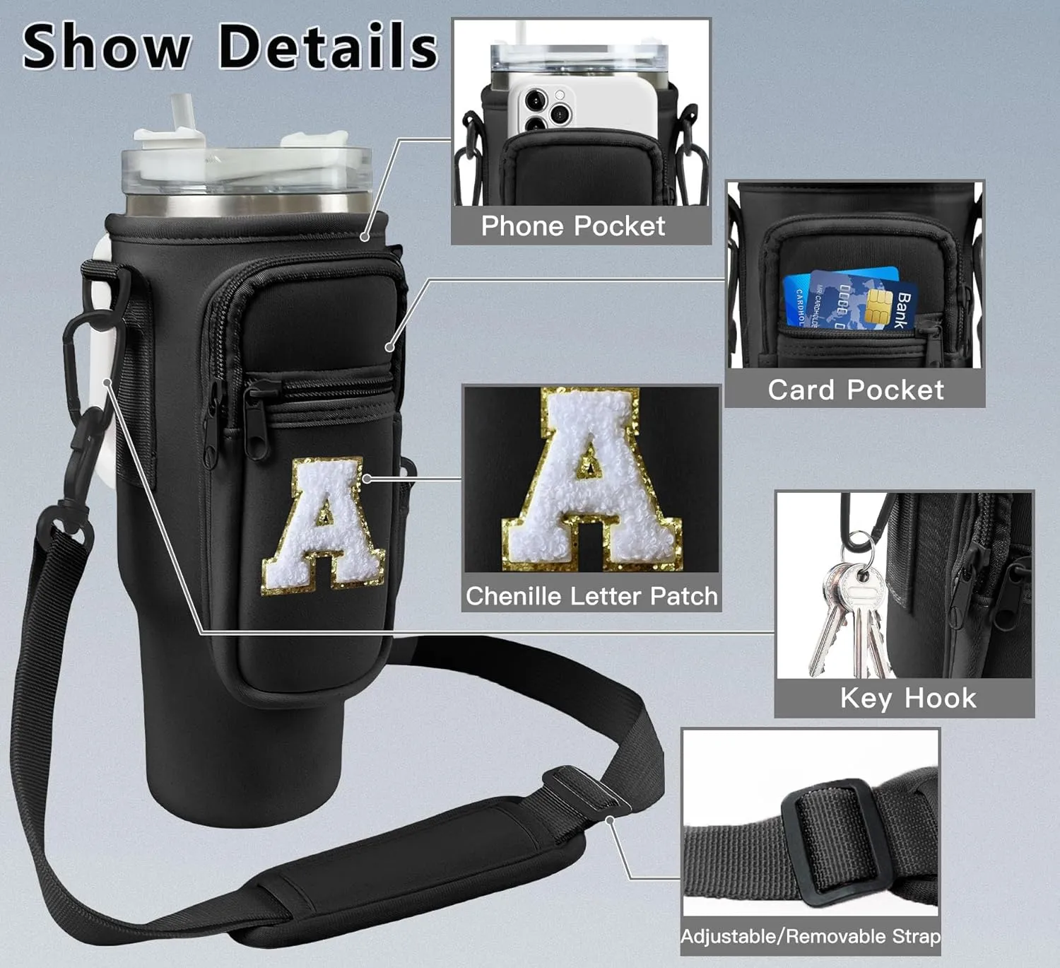 Initial Water Bottle Sling Bag for Stanley Simple 40oz Tumbler with Handle,Water Bottle Holder Pouch Cup Sleeve with Adjustable Shoulder Strap & Carabiner for Sports Party Beach (Black H)
