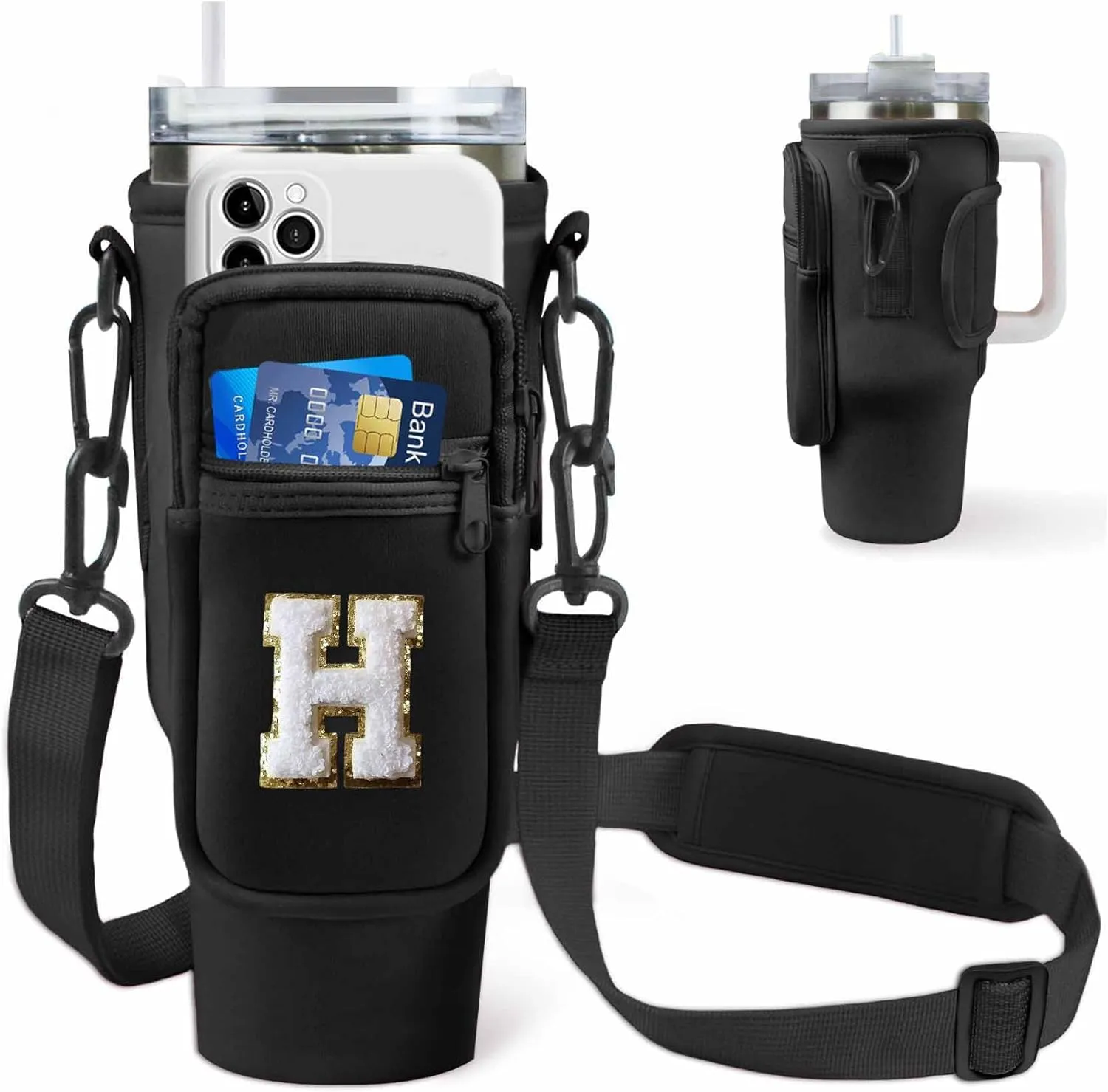 Initial Water Bottle Sling Bag for Stanley Simple 40oz Tumbler with Handle,Water Bottle Holder Pouch Cup Sleeve with Adjustable Shoulder Strap & Carabiner for Sports Party Beach (Black H)
