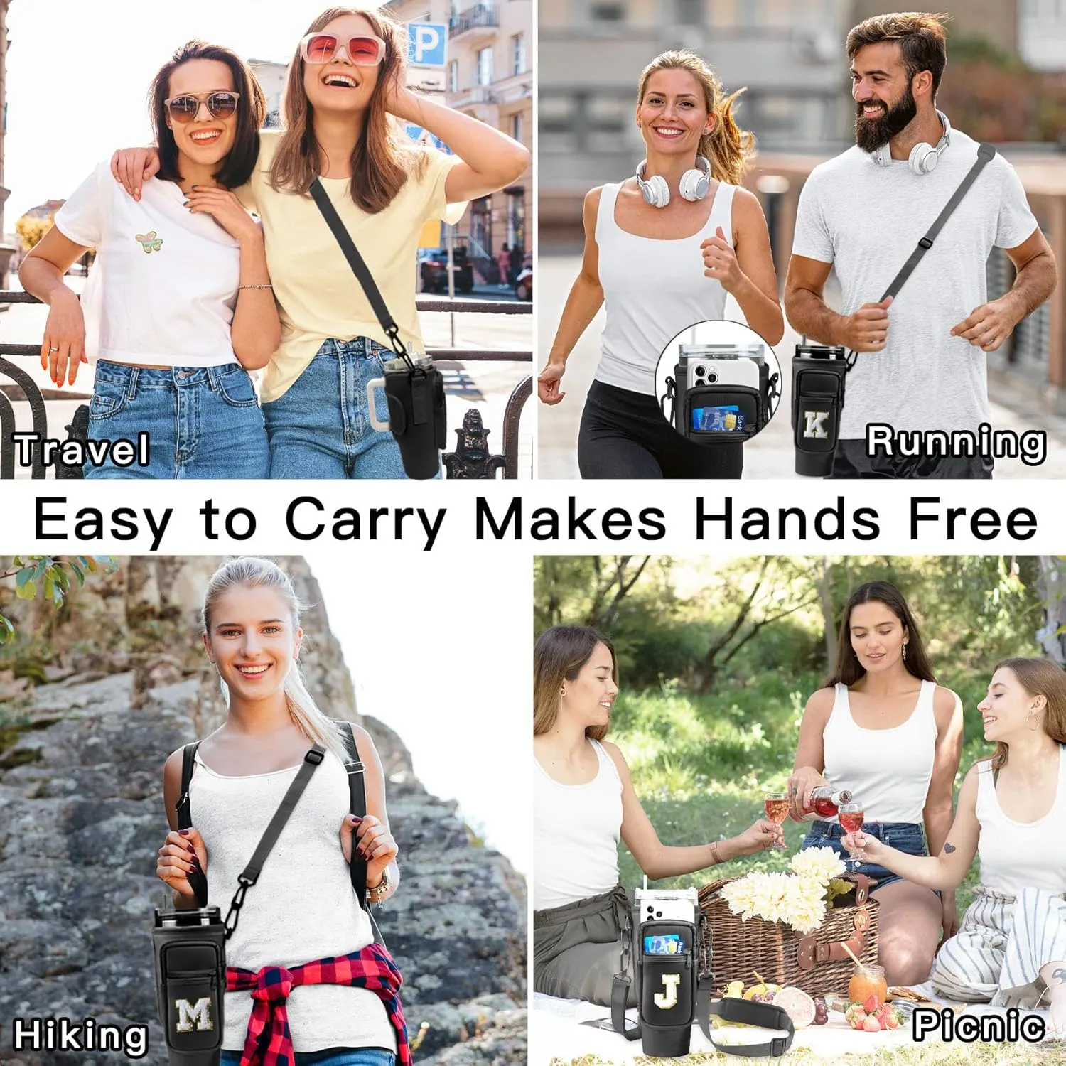 Initial Water Bottle Sling Bag for Stanley Simple 40oz Tumbler with Handle,Water Bottle Holder Pouch Cup Sleeve with Adjustable Shoulder Strap & Carabiner for Sports Party Beach (Black H)