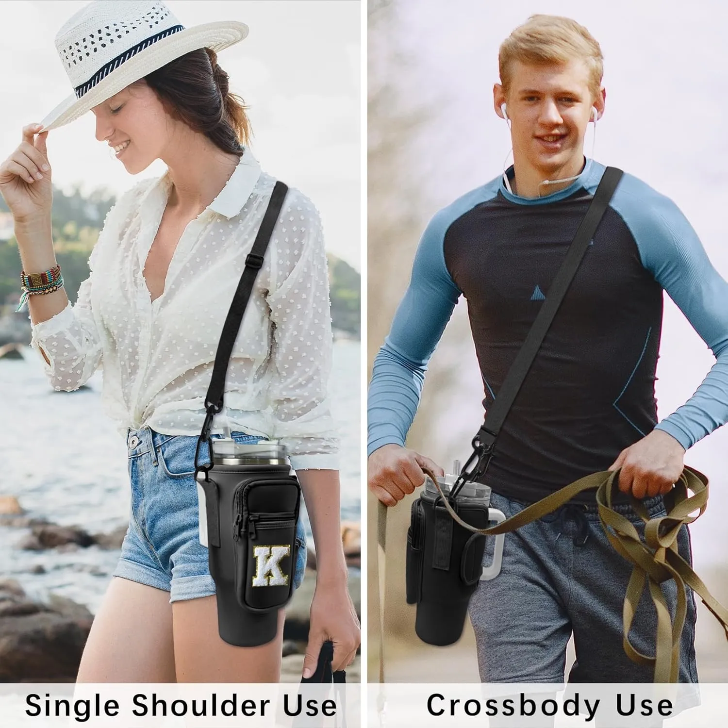 Initial Water Bottle Sling Bag for Stanley Simple 40oz Tumbler with Handle,Water Bottle Holder Pouch Cup Sleeve with Adjustable Shoulder Strap & Carabiner for Sports Party Beach (Black H)