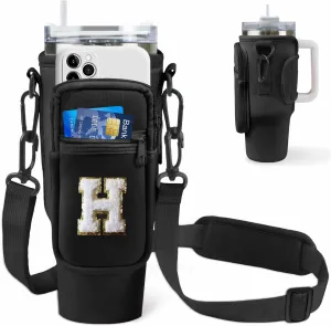 Initial Water Bottle Sling Bag for Stanley Simple 40oz Tumbler with Handle,Water Bottle Holder Pouch Cup Sleeve with Adjustable Shoulder Strap & Carabiner for Sports Party Beach (Black H)