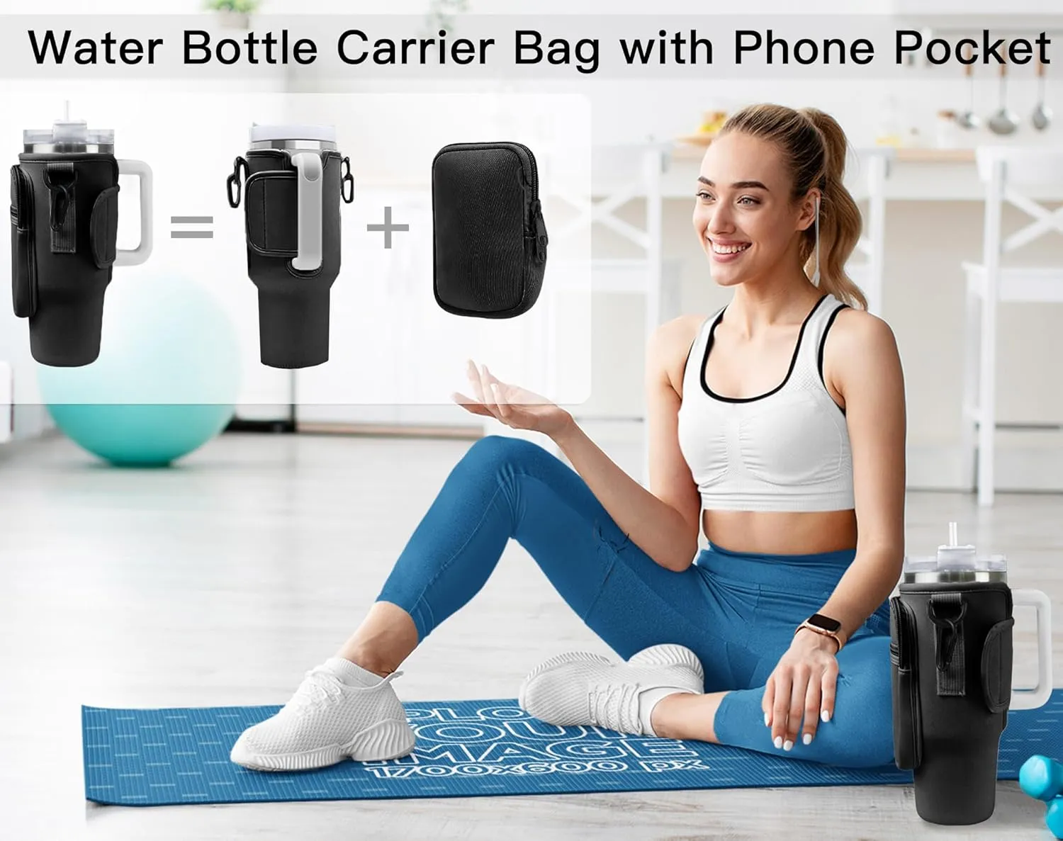 Initial Water Bottle Sling Bag for Stanley Simple 40oz Tumbler with Handle,Water Bottle Holder Pouch Cup Sleeve with Adjustable Shoulder Strap & Carabiner for Sports Party Beach (Black H)