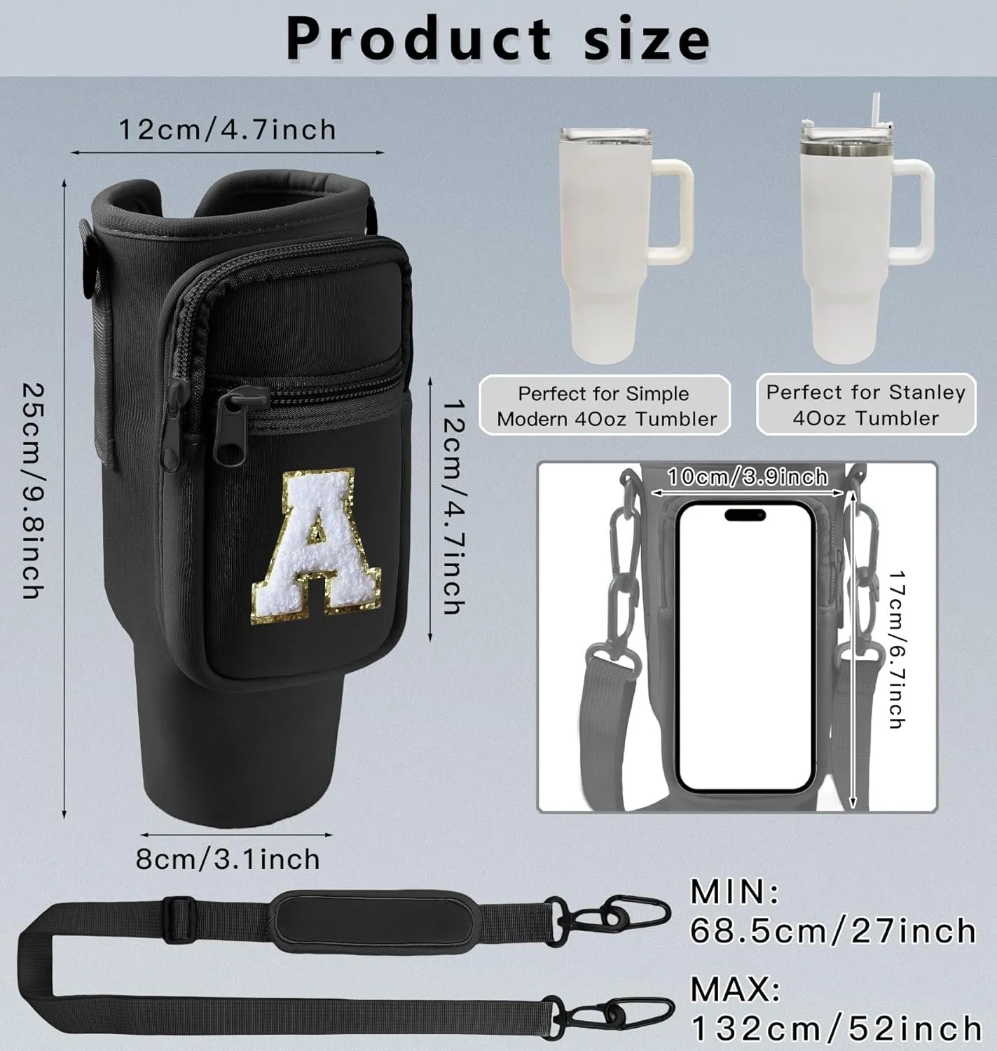 Initial Water Bottle Sling Bag for Stanley Simple 40oz Tumbler with Handle,Water Bottle Holder Pouch Cup Sleeve with Adjustable Shoulder Strap & Carabiner for Sports Party Beach (Black H)