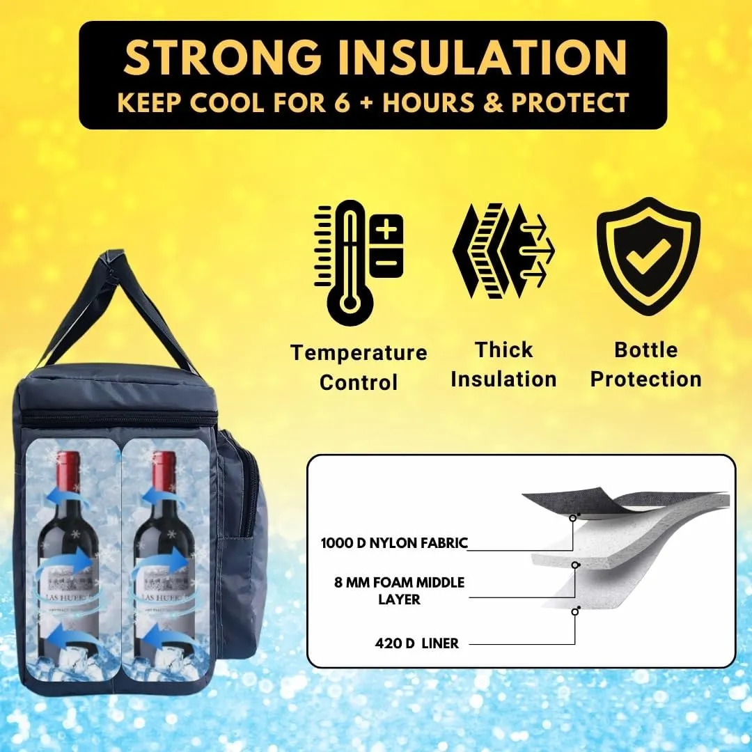 Insulated 6 Bottle Cooler Bag With Ice Gel Packs | Wine and Beer Carrier | Fits 6 Full Size Bottles