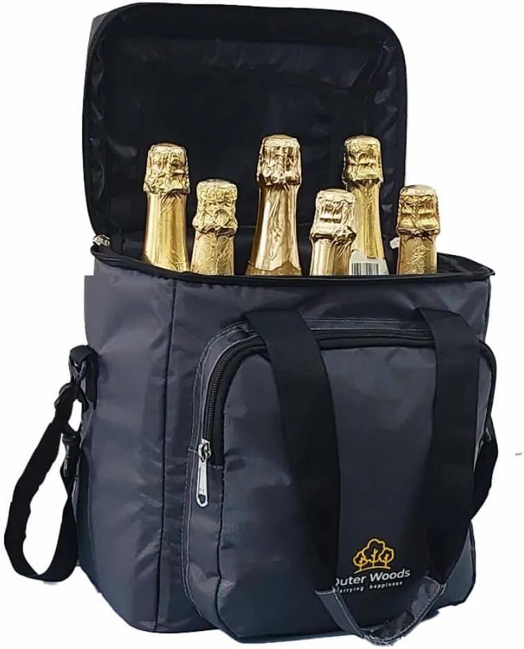 Insulated 6 Bottle Cooler Bag With Ice Gel Packs | Wine and Beer Carrier | Fits 6 Full Size Bottles