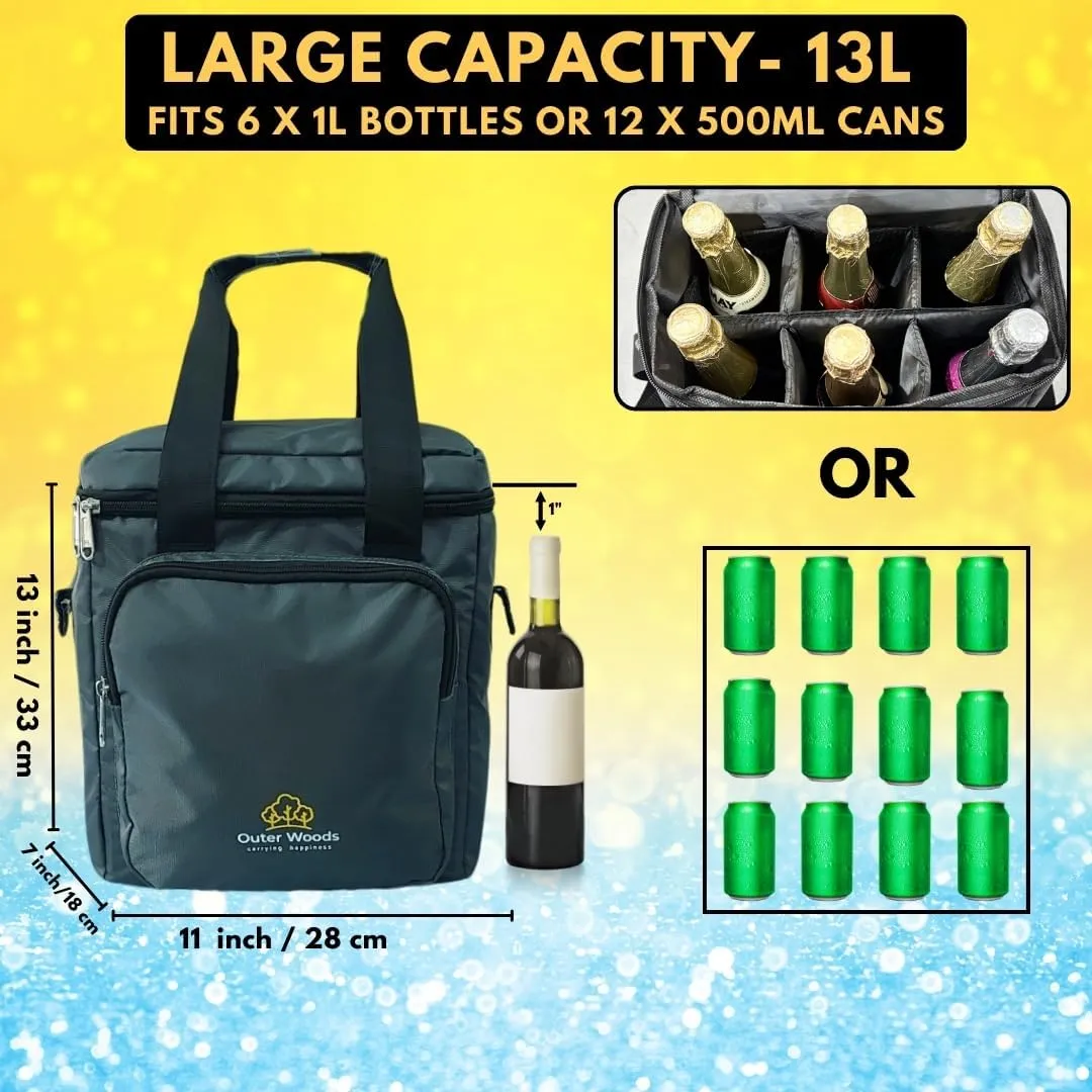 Insulated 6 Bottle Cooler Bag With Ice Gel Packs | Wine and Beer Carrier | Fits 6 Full Size Bottles