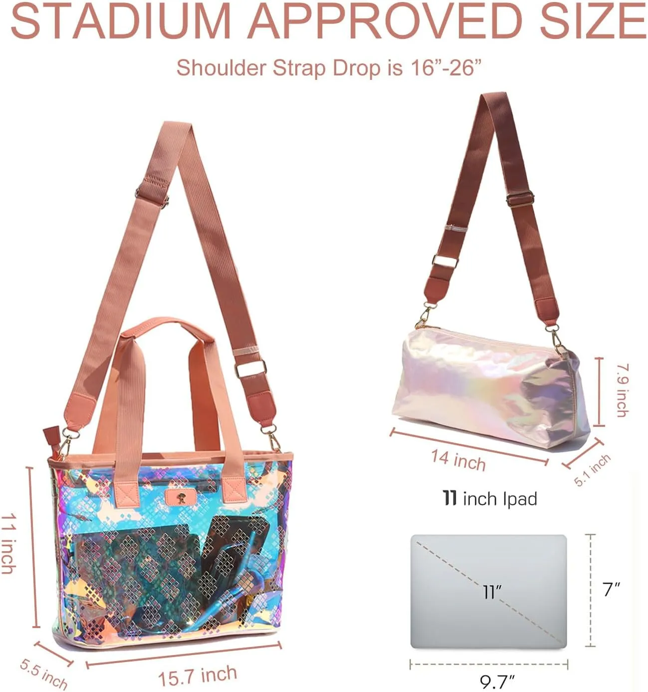 Iridescent Soap Bubble Clear Tote Bag – Stadium Approved with Bag-in-Bag Shoulder Design for Concerts, Beaches, Events