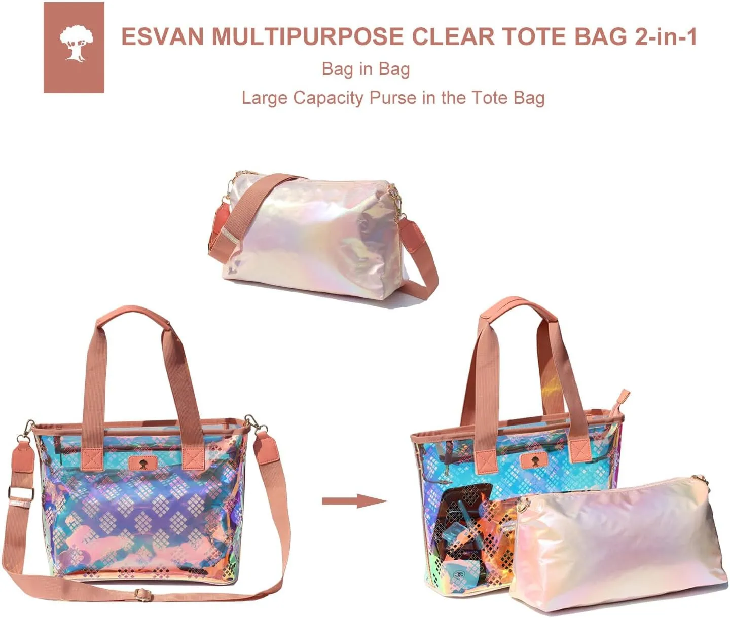 Iridescent Soap Bubble Clear Tote Bag – Stadium Approved with Bag-in-Bag Shoulder Design for Concerts, Beaches, Events