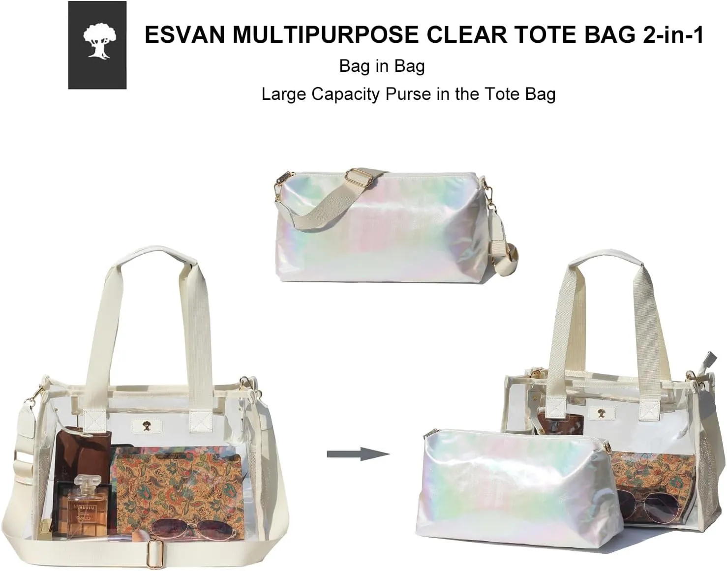 Iridescent Soap Bubble Tote Clear Bag for Stadium Events with Bag-in-Bag Shoulder Bag for Concert Beach