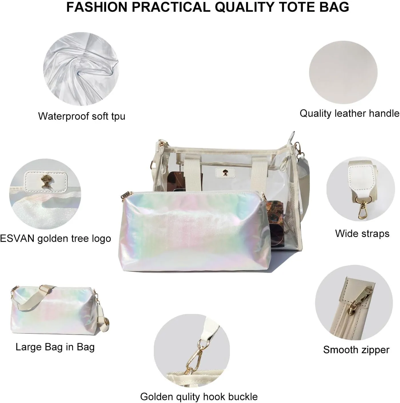 Iridescent Soap Bubble Tote Clear Bag for Stadium Events with Bag-in-Bag Shoulder Bag for Concert Beach