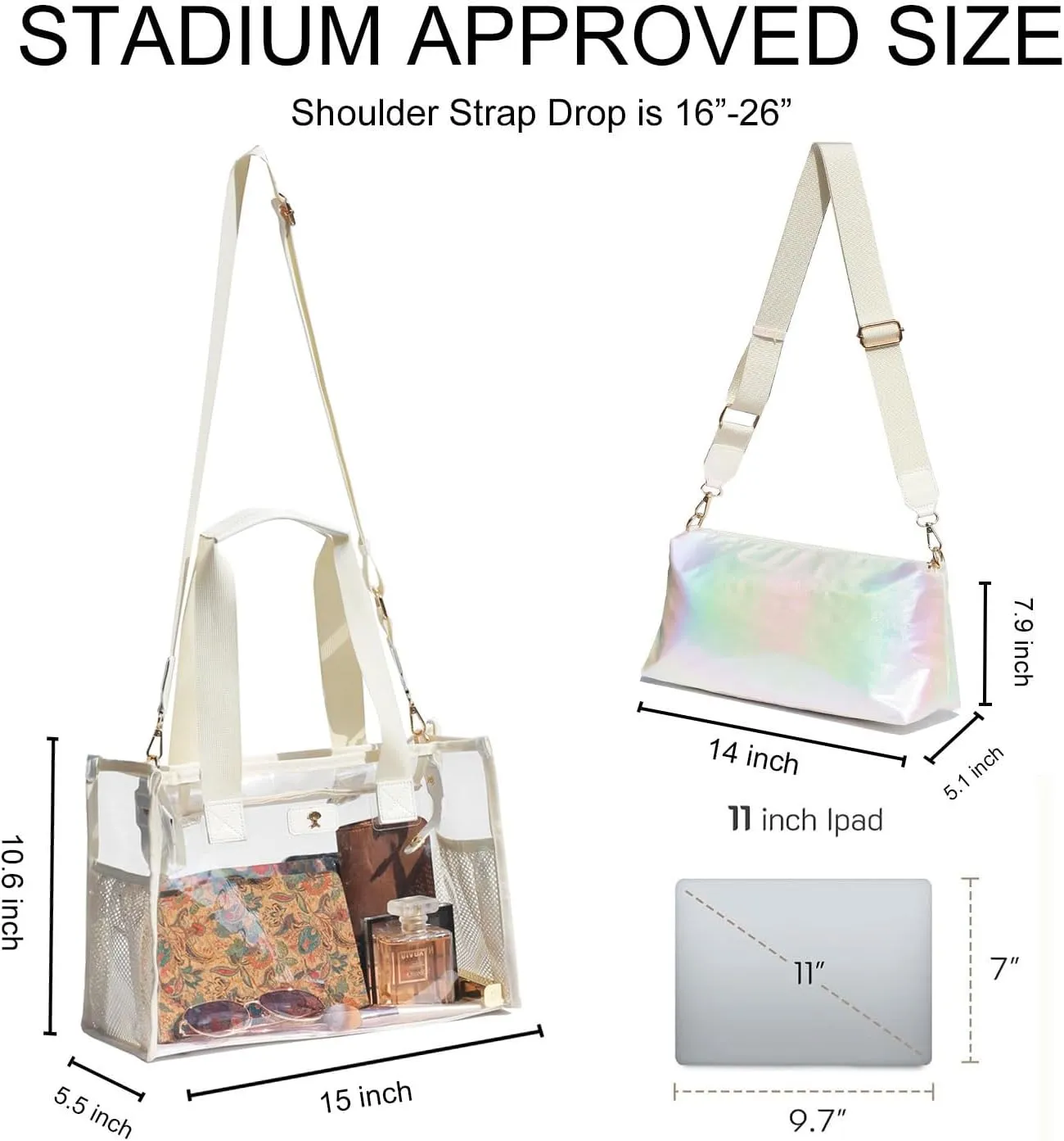 Iridescent Soap Bubble Tote Clear Bag for Stadium Events with Bag-in-Bag Shoulder Bag for Concert Beach