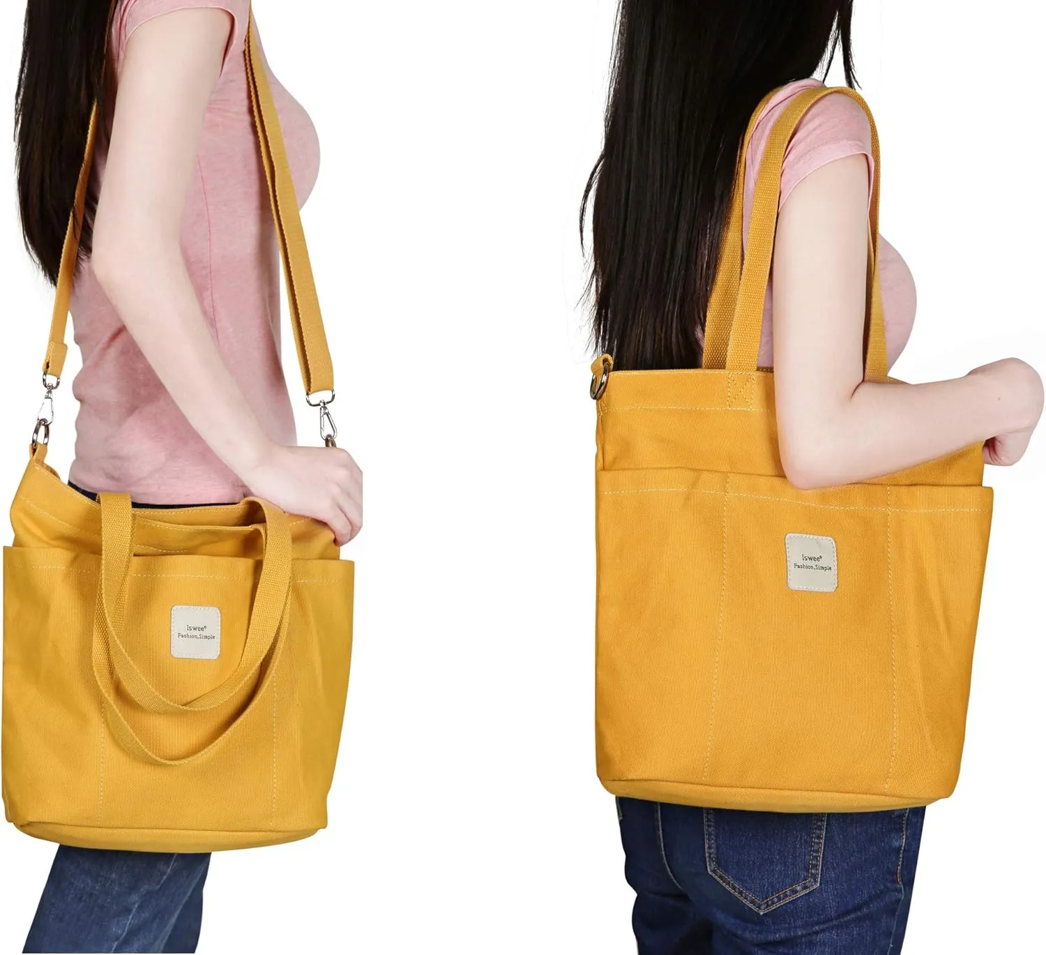 Iswee Canvas Tote Bag with Zipper Multi Pockets Tote Purse for Women Fashion Crossbody Tote Shoulder Bag Handbag Everyday Bag